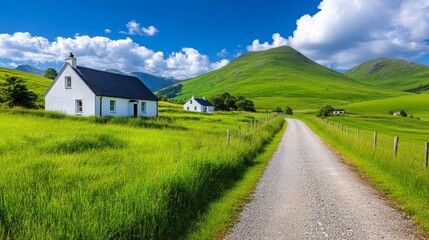 Fototapeta premium Scenic Scottish Highlands Cottages & Road - Sustainable Tourism