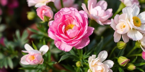 Obraz premium Close-up of delicate pink and white ranunculus flowers in full bloom, flower, blooming, botanical