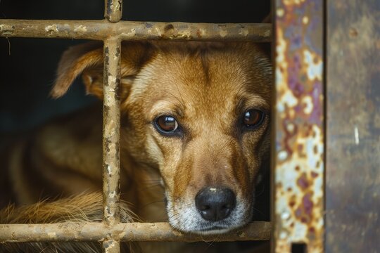 lonesome canine barking in shelter