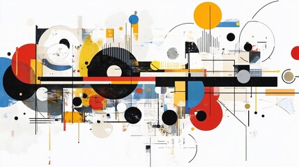 Obraz premium Abstract Geometric Composition: A Colorful and Dynamic Display of Shapes, Lines, and Textures in Modern Art