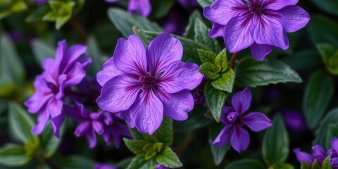 Fototapeta premium Close-up of vibrant purple flower petals and delicate leaves, delicate leaves, vibrant