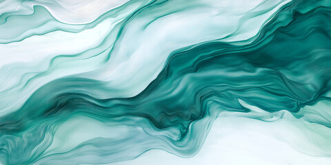 Obraz premium Gentle teal and emerald green abstract backdrop with soft flowing curves and gradients, evoking a refreshing and tranquil atmosphere. Textures create a shimmering effect like morning dew under