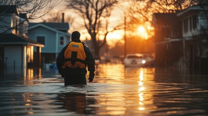 Person in life vest walks through sunset flood.