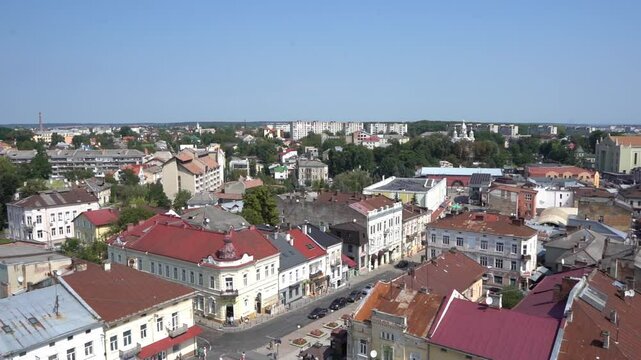 Old city view from above. Roofs and houses. Street shop top view. Ukrainian architecture of a small town. Ukraine, Drohobych