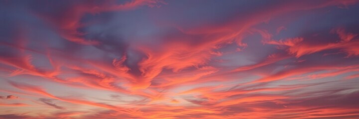 Fototapeta premium Colorful and vibrant sky at sunset with swirling patterns of oranges, pinks, purples, and blues, clouds, swirling