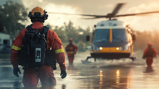 Rescue personnel wade in floodwaters, helicopter nearby.