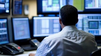 Fototapeta premium Person viewing data on multiple computer screens.