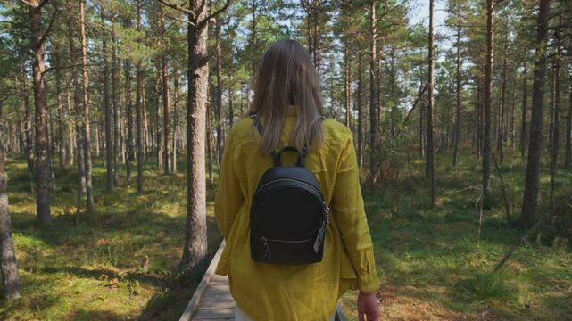 Woman walking on the swamp lake. Bog hiking.