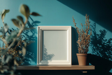 side angle view of a white 50x50 cm simple photo frame on a shelf, gothic room