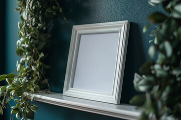 side angle view of a white 50x50 cm simple photo frame on a shelf, gothic room