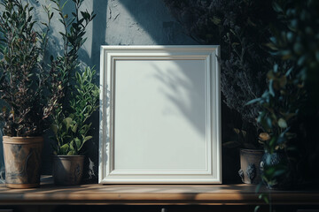 side angle view of a white 50x50 cm simple photo frame on a shelf, gothic room