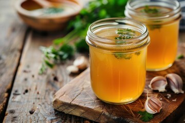 Making base soup with bone broth in a jar on cutting board