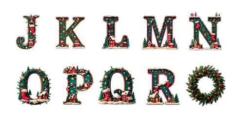 Naklejka premium Christmas Alphabet Letters with Festive Decorations and Christmas Wreath