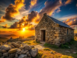 Silhouette Photography: Majestic Stone Hut at Sunset - Dramatic Wall Shadows, Golden Hour Light