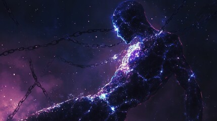 Obraz premium A mysterious figure bound by chains made of stars and dark matter, his galaxy-filled form glowing against the darkness.