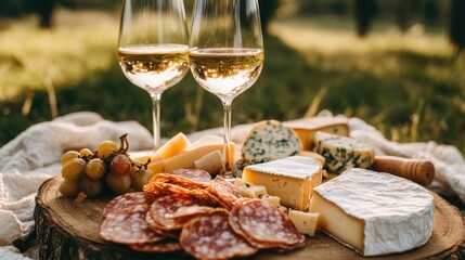Picnic with white wine served outside with cheese and charcuterie, sunset light