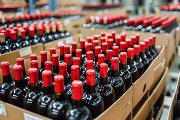 Fototapeta premium Many bottles of red wine in the warehouse Wine boxes at the factory