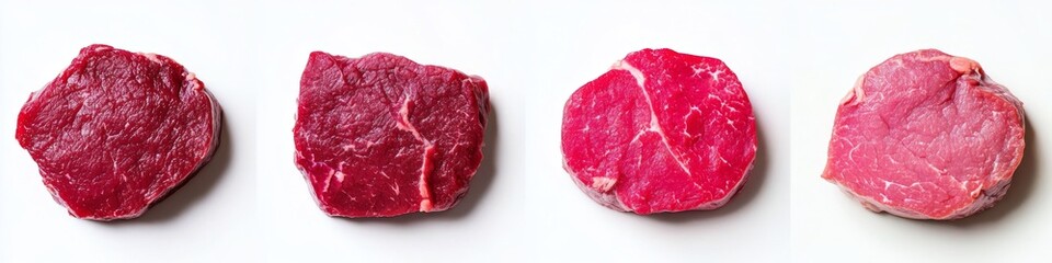 Obraz premium Four pieces of raw beef in a row showing different sizes, shapes and natural beauty on white background.