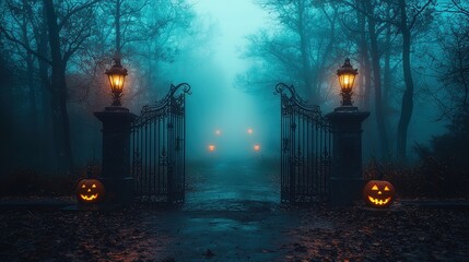 Eerie Foggy Gate with Jack-O'-Lanterns in Spooky Forest Setting