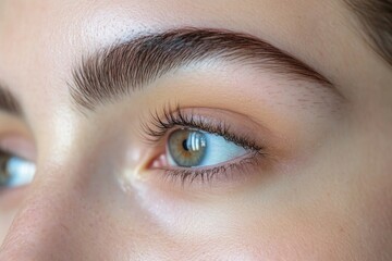 Obraz premium Woman's face close-up with syringe on forehead for Botox, brown eyebrows and eyes.