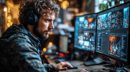 Obraz premium Focused Young Man Working on Dual Monitors in a Cozy Workspace