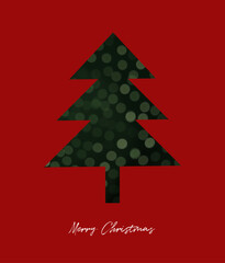 Christmas Vector Card with Tree Made Of Green Bokeh Spots. Abstract Green Christmas Tree and Merry Christmas Wishes on a Red Background. Winter Holidays Greetings. Xmas Card with Modern Spruce Tree.