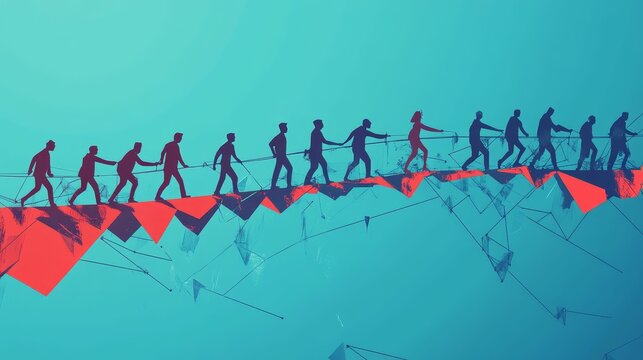 Figures traverse precarious red path, interconnected lines.