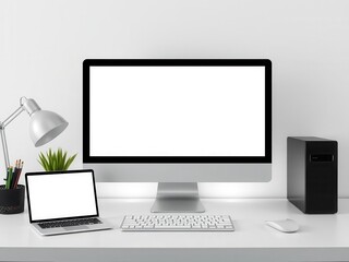 Fototapeta premium Laptop computer mockup displayed on a clean white background for design presentations and digital mockups, technology, mockup