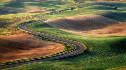 Winding Road Through Lush Green Hills and Rolling Grassland Landscape