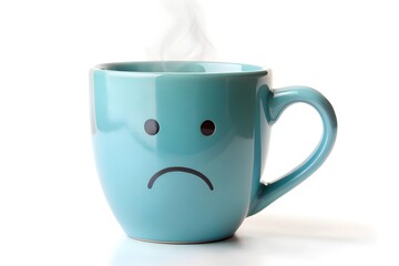 Light blue mug with a sad face design and steam coming out isolated on a white background