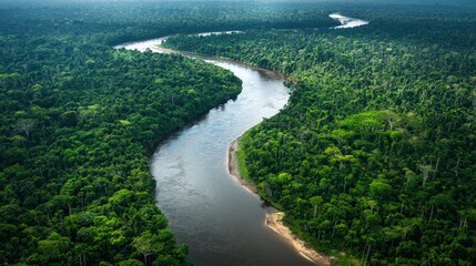 Serene Aerial View of Lush Green Forest and Meandering River