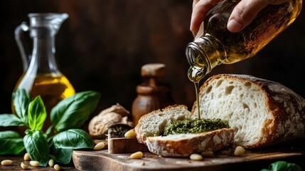 Artisan Bread with Pesto and Olive Oil Drizzle: A Culinary Delight