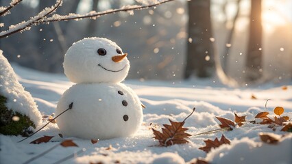 Smiling snowman on snowy snowy landscape - Winter festive christmas banner background.