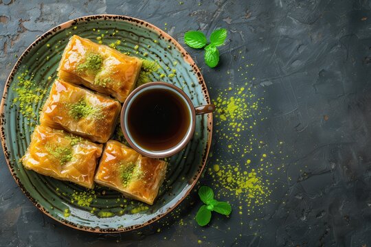 Middle Eastern dessert Knafeh with Arabic coffee Top view of Turkish Baklava and coffee photography