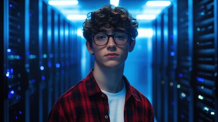 Young Person with Curly Hair in Modern Data Center Environment