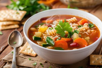 Minestrone soup with crackers on a rustic vintage backdrop