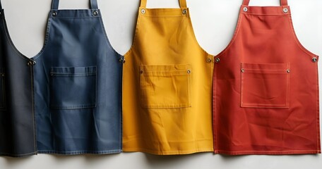 Waterproof thick canvas aprons. Three aprons hang in various colors on a wooden crossbar on a white wall. 