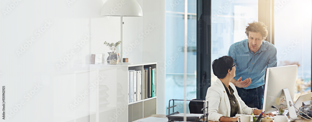Poster team, help and business people with manager on computer for advice, feedback and training in office.