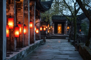 Fototapeta premium Rows of glowing red lanterns hanging in an ancient Chinese temple courtyard