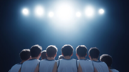 Youth basketball team huddling under bright arena lights, showcasing teamwork and determination. atmosphere is charged with excitement and anticipation