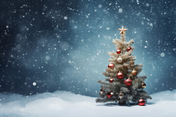Obraz premium An abstract of a christmas tree adored with festival decoration on snowy background. copy space for text on right
