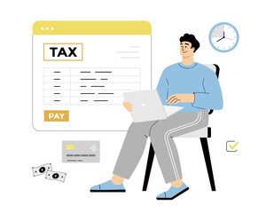 Online tax payment. Tax calculation, making income tax return. Personal financial account. Young man pay bills online on the website form via laptop.Vector illustration on isolated white background.	

