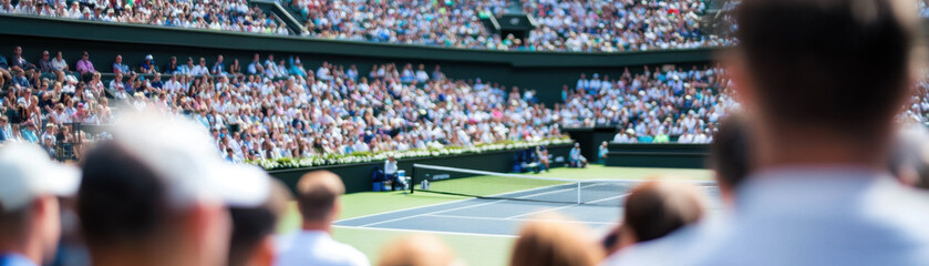 bustling tennis tournament with large crowd watching match, showcasing excitement and anticipation. atmosphere is vibrant and energetic, capturing essence of competitive sports