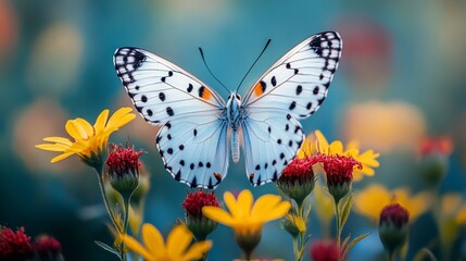 Obraz premium White butterfly perched on vibrant yellow and red flowers.