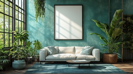 An empty room poster or mockup frame showcases interior design, decor, or real estate opportunities with furniture, property, or a home office space for consultation or therapy