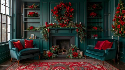 Classy living room decor in red and dark turquoise colors. Classic rich Christmas home decor design concept