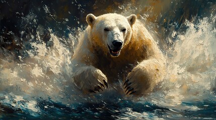 An expressive painting of a polar bear, capturing its wild and energetic nature with a touch of untamed beauty, perfect for art prints and creative expressions