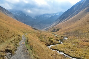 Stunning colourful autumn landscapes in the Northern Georgian Caucasus Mountains around Mestia