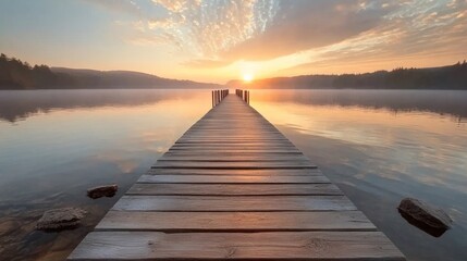 Obraz premium Wooden pier extending into a calm lake at sunrise.