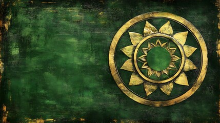 Green grunge background with gold floral mandala.
